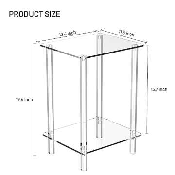 Eglaf Acrylic Small Side Table with Square Leg - 13.4'' L x 11.5'' W x 19.6'' H - Small Nightstand Bedside Table 2-Tier Clear End Table for Living Room, Bedroom