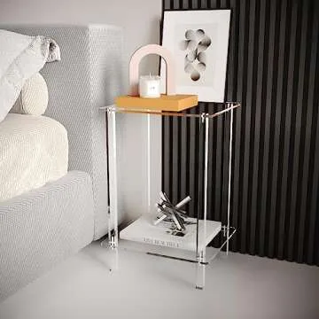 Eglaf Acrylic Small Side Table with Square Leg - 13.4'' L x 11.5'' W x 19.6'' H - Small Nightstand Bedside Table 2-Tier Clear End Table for Living Room, Bedroom