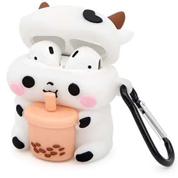 Mouzor Cute Airpods 2 Case, Boba Tea Cow Funny 3D Cartoon Animal Case, Soft PVC Full Protection Shockproof Charging Cover with Carabiner for Airpods 1st Generation, 2nd Generation