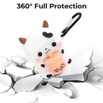 Mouzor Cute Airpods 2 Case, Boba Tea Cow Funny 3D Cartoon Animal Case, Soft PVC Full Protection Shockproof Charging Cover with Carabiner for Airpods 1st Generation, 2nd Generation