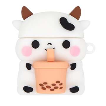 Mouzor Cute Airpods 2 Case, Boba Tea Cow Funny 3D Cartoon Animal Case, Soft PVC Full Protection Shockproof Charging Cover with Carabiner for Airpods 1st Generation, 2nd Generation