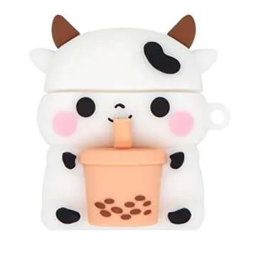 Mouzor Cute Airpods 2 Case, Boba Tea Cow Funny 3D Cartoon Animal Case, Soft PVC Full Protection Shockproof Charging Cover with Carabiner for Airpods 1st Generation, 2nd Generation