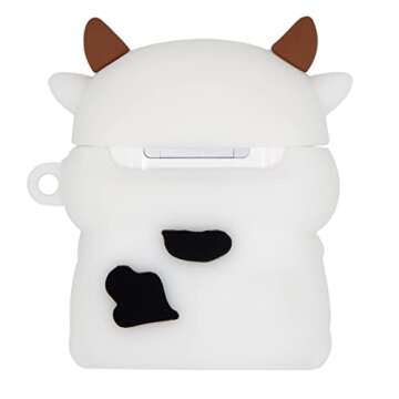 Mouzor Cute Airpods 2 Case, Boba Tea Cow Funny 3D Cartoon Animal Case, Soft PVC Full Protection Shockproof Charging Cover with Carabiner for Airpods 1st Generation, 2nd Generation