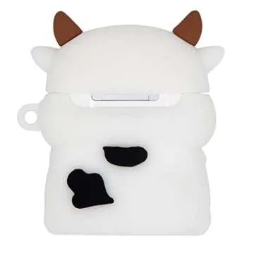Mouzor Cute Airpods 2 Case, Boba Tea Cow Funny 3D Cartoon Animal Case, Soft PVC Full Protection Shockproof Charging Cover with Carabiner for Airpods 1st Generation, 2nd Generation