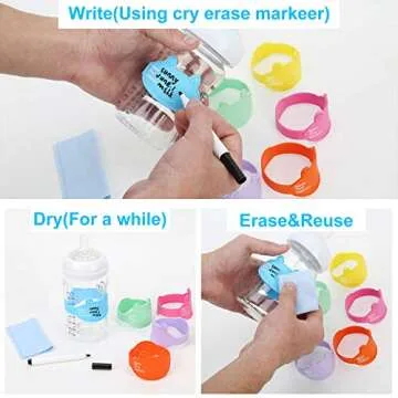 Baby Bottle Labels for Daycare, Durable Writable Reusable Food -Grade Silicone 6 Pack Baby Bottle Labels with Dry Erase Marker Foretoo