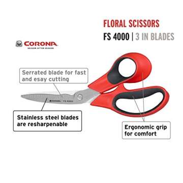Corona Stainless Steel Floral Scissors, 3 Inch Blade, FS 4000, Red