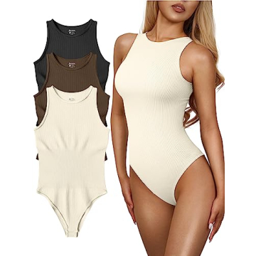 OQQ Women's 3 Piece Bodysuits Sexy Ribbed One Piece Sleeveless Halter Neck Tops Leotard Summer Trend...
