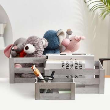 KMwares Set of 5 Vintage Rustic White Grey Wood Decorative Nesting Storage Crates with Open Handles - Multipurpose Wood Crafted Boxes/Bathroom Kitchen,Laundry Crates/Fruits & Vegetables Boxes