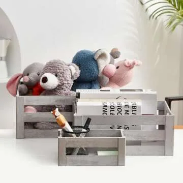 KMwares Set of 5 Vintage Rustic White Grey Wood Decorative Nesting Storage Crates with Open Handles - Multipurpose Wood Crafted Boxes/Bathroom Kitchen,Laundry Crates/Fruits & Vegetables Boxes