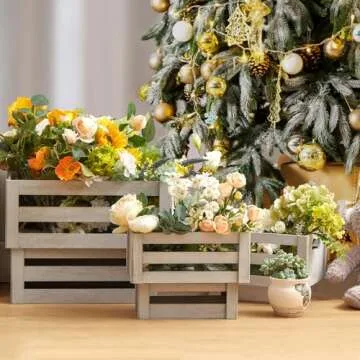 KMwares Set of 5 Vintage Rustic White Grey Wood Decorative Nesting Storage Crates with Open Handles - Multipurpose Wood Crafted Boxes/Bathroom Kitchen,Laundry Crates/Fruits & Vegetables Boxes