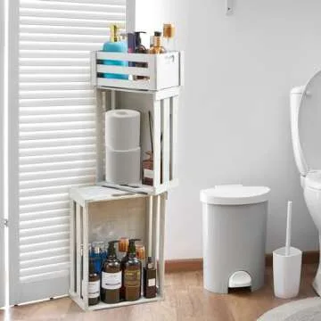 KMwares Set of 5 Vintage Rustic White Grey Wood Decorative Nesting Storage Crates with Open Handles - Multipurpose Wood Crafted Boxes/Bathroom Kitchen,Laundry Crates/Fruits & Vegetables Boxes