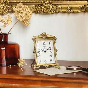 NIKKY HOME Vintage Gold Table Clock, Silent Non-Ticking Battery Operated Retro Desk Shelf Mantel Sma...