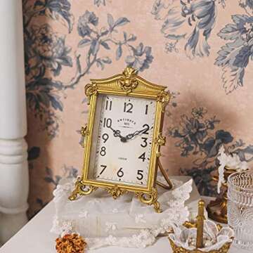 NIKKY HOME Vintage Gold Table Clock, Silent Non-Ticking Battery Operated Retro Desk Shelf Mantel Small Metal Clock for Living Room Decor