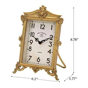 NIKKY HOME Vintage Gold Table Clock, Silent Non-Ticking Battery Operated Retro Desk Shelf Mantel Small Metal Clock for Living Room Decor