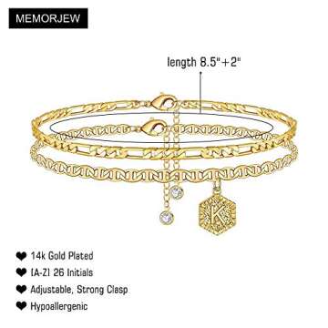 Memorjew Ankle Bracelets for Women Initial Anklet, 14K Gold Plated Layered Anklet Letter K Initial A...
