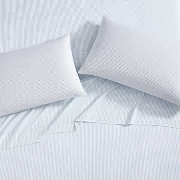 Laura Ashley - King Sheets, Soft Sateen Cotton Bedding Set - Sleek, Smooth, & Breathable Home Decor (Ramona Blue, King)