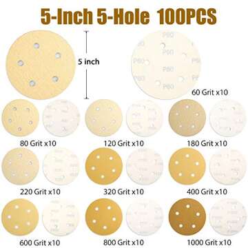 LotFancy 5 Inch 5 Holes Sanding Discs - 100PCS Assorted Grit Pack for Orbital Sanders