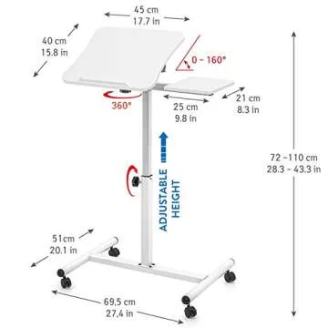 Tatkraft Bianca Ergonomic Sit-Stand Laptop Desk with Mouse Board on Wheels, Adjustable Height 72 – 110 cm, Tabletop 360° Swivel and 160° Tilt, Suitable for 7-17’’ laptops, Sturdy Elegant Design, White