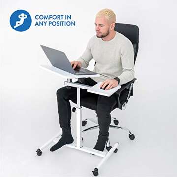 Tatkraft Bianca Ergonomic Sit-Stand Laptop Desk with Mouse Board on Wheels, Adjustable Height 72 – 110 cm, Tabletop 360° Swivel and 160° Tilt, Suitable for 7-17’’ laptops, Sturdy Elegant Design, White