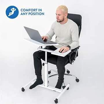 Tatkraft Bianca Ergonomic Sit-Stand Laptop Desk with Mouse Board on Wheels, Adjustable Height 72 – 110 cm, Tabletop 360° Swivel and 160° Tilt, Suitable for 7-17’’ laptops, Sturdy Elegant Design, White