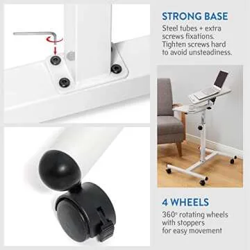 Tatkraft Bianca Ergonomic Sit-Stand Laptop Desk with Mouse Board on Wheels, Adjustable Height 72 – 110 cm, Tabletop 360° Swivel and 160° Tilt, Suitable for 7-17’’ laptops, Sturdy Elegant Design, White