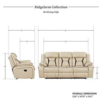 Lexicon Recliner Sofa, Wall Hugger Recliners, Home Theater Seating, Manual Double Recliner, Couches for Living Room, RV Furniture, Faux Leather with Contrast Piping, 86''W Sofa, Beige