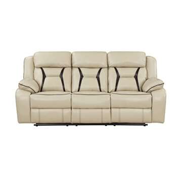 Lexicon Recliner Sofa, Wall Hugger Recliners, Home Theater Seating, Manual Double Recliner, Couches for Living Room, RV Furniture, Faux Leather with Contrast Piping, 86''W Sofa, Beige