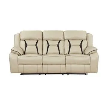 Lexicon Recliner Sofa, Wall Hugger Recliners, Home Theater Seating, Manual Double Recliner, Couches for Living Room, RV Furniture, Faux Leather with Contrast Piping, 86''W Sofa, Beige