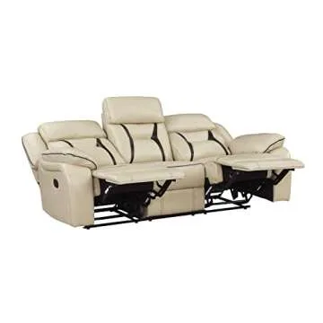 Lexicon Recliner Sofa, Wall Hugger Recliners, Home Theater Seating, Manual Double Recliner, Couches for Living Room, RV Furniture, Faux Leather with Contrast Piping, 86''W Sofa, Beige
