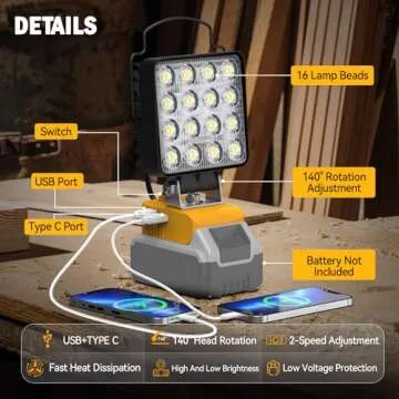 Ecarke 20V Cordless LED Work Light for DeWALT Batteries: 60W 6000LM Flashlight with Low Voltage Protection, 20V Tools Flood Light for Job Site, Securityand Outdoor Fishing
