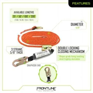 Frontline VLP100R3L Premium Vertical Lifeline with Openable Rope Grab 100' and Shock Pack | High Tenacity Polyester Material | Double Locking Closing Mechanism | OSHA & ANSI Compliant