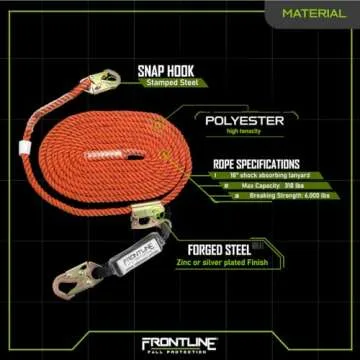 Frontline VLP100R3L Premium Vertical Lifeline with Openable Rope Grab 100' and Shock Pack | High Tenacity Polyester Material | Double Locking Closing Mechanism | OSHA & ANSI Compliant
