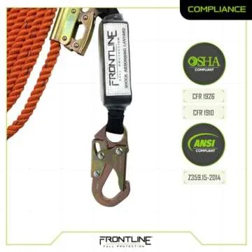 Frontline VLP100R3L Premium Vertical Lifeline with Openable Rope Grab 100' and Shock Pack | High Tenacity Polyester Material | Double Locking Closing Mechanism | OSHA & ANSI Compliant