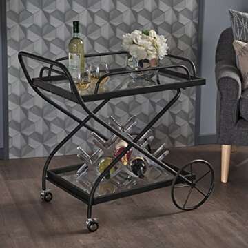 Christopher Knight Home Perley Indoor Traditional Iron Bar Cart with Tempered Glass Shelves, Black