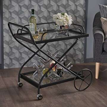 Christopher Knight Home Perley Indoor Traditional Iron Bar Cart with Tempered Glass Shelves, Black