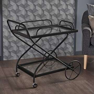 Christopher Knight Home Perley Indoor Traditional Iron Bar Cart with Tempered Glass Shelves, Black