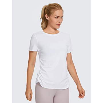 CRZ YOGA Women's Workout Short Sleeves Athleisure Shirts Split Back Yoga Top with Side Shirring White Large