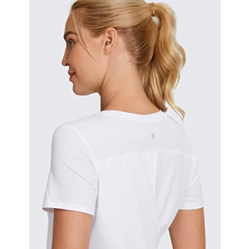 CRZ YOGA Women's Workout Short Sleeves Athleisure Shirts Split Back Yoga Top with Side Shirring White Large