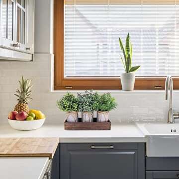 Set of 3 Mini Potted Plants Arrangement Faux Boxwood Eucalyptus Rosemary Plants in Rustic Galvanized Metal Pots with Rectangle Wood Box for Farmhouse Table Centerpiece Mantel Kitchen Greenery Decor