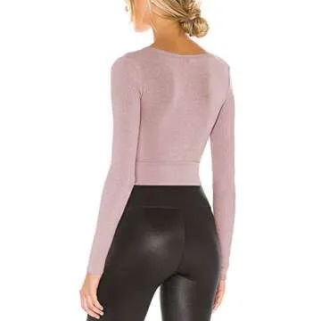 LASLULU Long Sleeve Crop Tops for Women Cross Wrap Workout Shirts Compression Muscle Tops Athletic Sexy Yoga Shirts Gym Running Clothes(Deep Pink S)