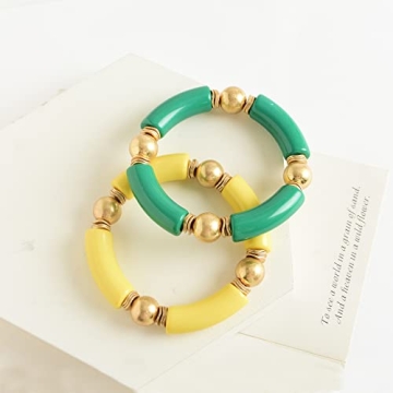 Gold Plated Beaded Acrylic Bamboo Tube Bangle Bracelets for Women, Colorful Chunky Curved Tube With Gold Pieces Beads Stretch Bracelet Friendship Summer Beach Jewelry (V-Grass green&Straw yellow 2pcs)