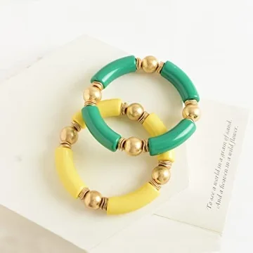 Gold Plated Beaded Acrylic Bamboo Tube Bangle Bracelets for Women, Colorful Chunky Curved Tube With Gold Pieces Beads Stretch Bracelet Friendship Summer Beach Jewelry (V-Grass green&Straw yellow 2pcs)