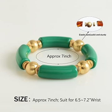 Gold Plated Beaded Acrylic Bamboo Tube Bangle Bracelets for Women, Colorful Chunky Curved Tube With Gold Pieces Beads Stretch Bracelet Friendship Summer Beach Jewelry (V-Grass green&Straw yellow 2pcs)