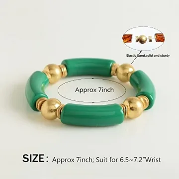 Gold Plated Beaded Acrylic Bamboo Tube Bangle Bracelets for Women, Colorful Chunky Curved Tube With Gold Pieces Beads Stretch Bracelet Friendship Summer Beach Jewelry (V-Grass green&Straw yellow 2pcs)