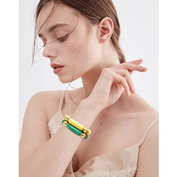 Gold Plated Beaded Acrylic Bamboo Tube Bangle Bracelets for Women, Colorful Chunky Curved Tube With Gold Pieces Beads Stretch Bracelet Friendship Summer Beach Jewelry (V-Grass green&Straw yellow 2pcs)