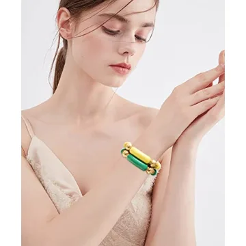 Gold Plated Beaded Acrylic Bamboo Tube Bangle Bracelets for Women, Colorful Chunky Curved Tube With Gold Pieces Beads Stretch Bracelet Friendship Summer Beach Jewelry (V-Grass green&Straw yellow 2pcs)