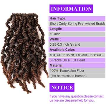 3 Packs 10 inch Ombre Synthetic Crochet Braids - Pre-twisted Fluffy Curly Hair Extensions 15 strands...