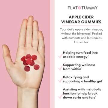 Flat Tummy Apple Cider Vinegar Gummies, 60 Count – ACV Gummies, Detox, Support Gut Health – Vegan-Friendly, Non-GMO - Beet and Pomegranate Superfood Powders, Vitamins B6, B9 & B12