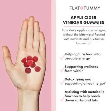 Flat Tummy Apple Cider Vinegar Gummies, 60 Count – ACV Gummies, Detox, Support Gut Health – Vegan-Friendly, Non-GMO - Beet and Pomegranate Superfood Powders, Vitamins B6, B9 & B12