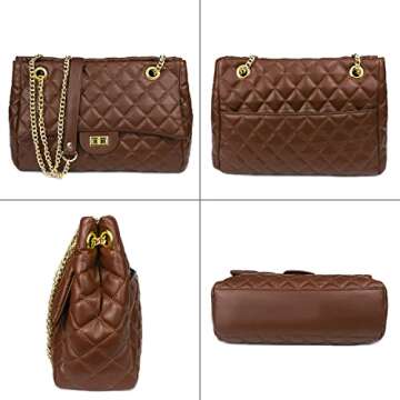 Rejolly Quilted Shoulder Bags for Women PU Leather Ladies Crossbody Handbag Stylish Envelope Purse with Chain Strap (Coffee)
